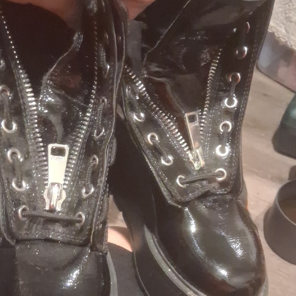 DKNY Black Leather Combat Boots with Front Zipper